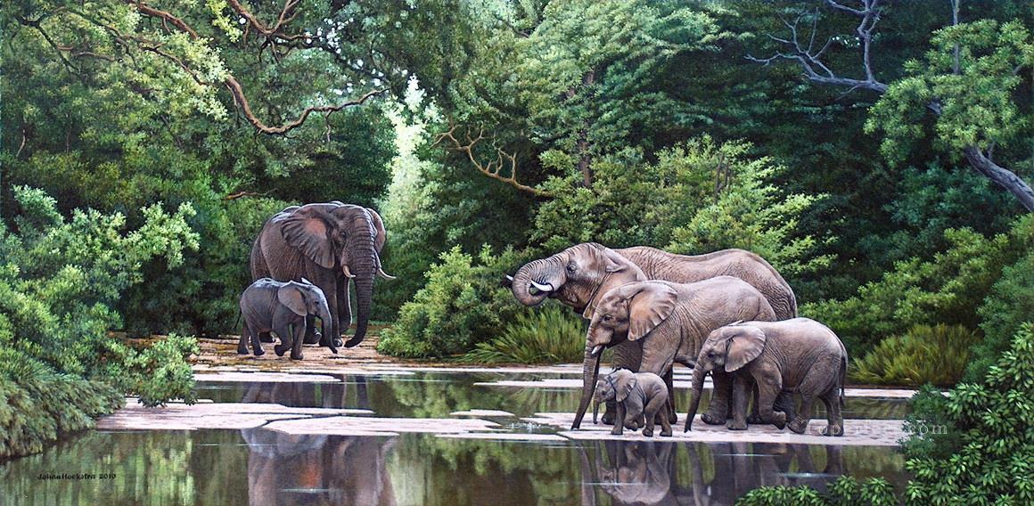 troupeau d’éléphants à la rivière isolée Peintures à l'huile